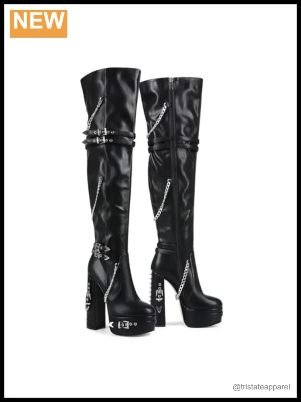 Thigh High Block Heel Boots with Buckle Studded Faux Leather Punk Goth Chunky